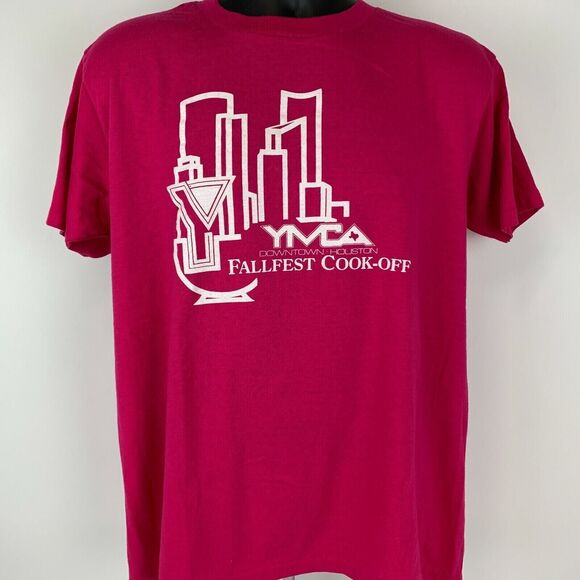 Vintage Houston YMCA Cook Off T Shirt Mens Large Texas 80s Made In USA Tee Pink - Picture 2 of 6